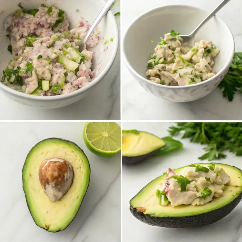 Step-by-step collage showing how to make tuna stuffed avocado