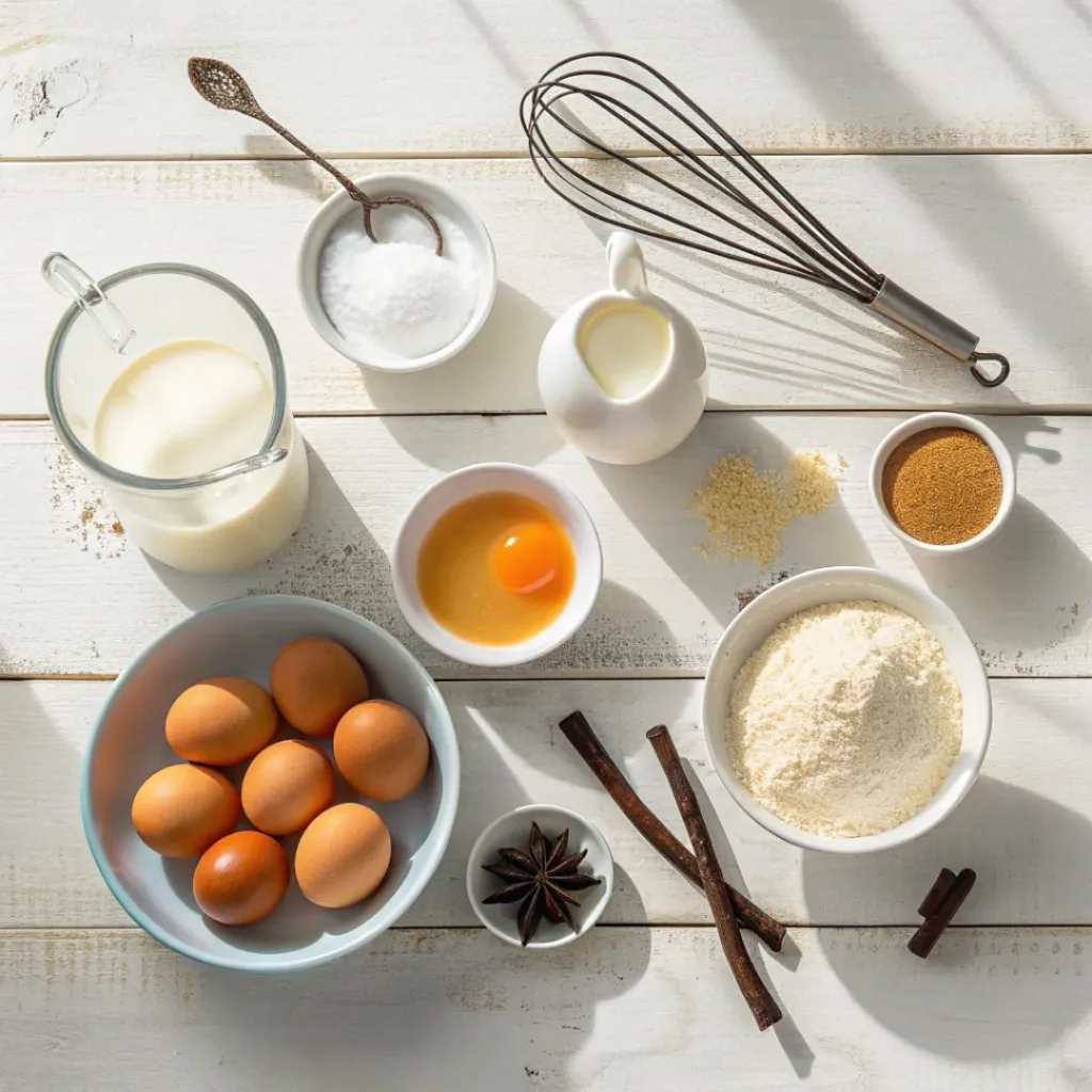 Flat lay of eggs, milk, sugar, and vanilla for cream caramel