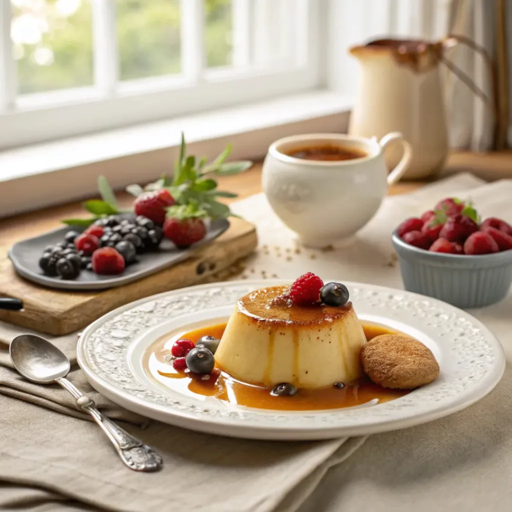 Vanilla cream caramel dessert served with caramel sauce and berries