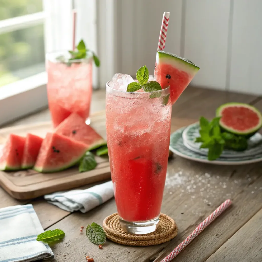 Glass of fresh watermelon juice with ice and a watermelon wedge