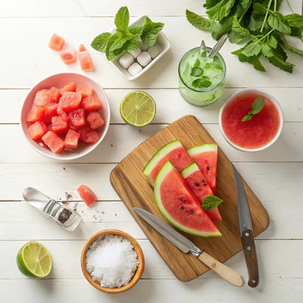 Flat lay of watermelon slices, ice, mint, and lemon for juice