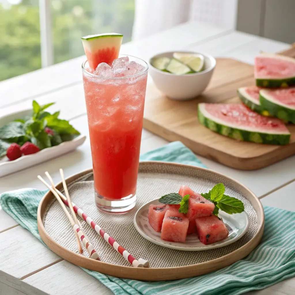 Glass of watermelon juice with mint and watermelon wedge, served with summer snacks