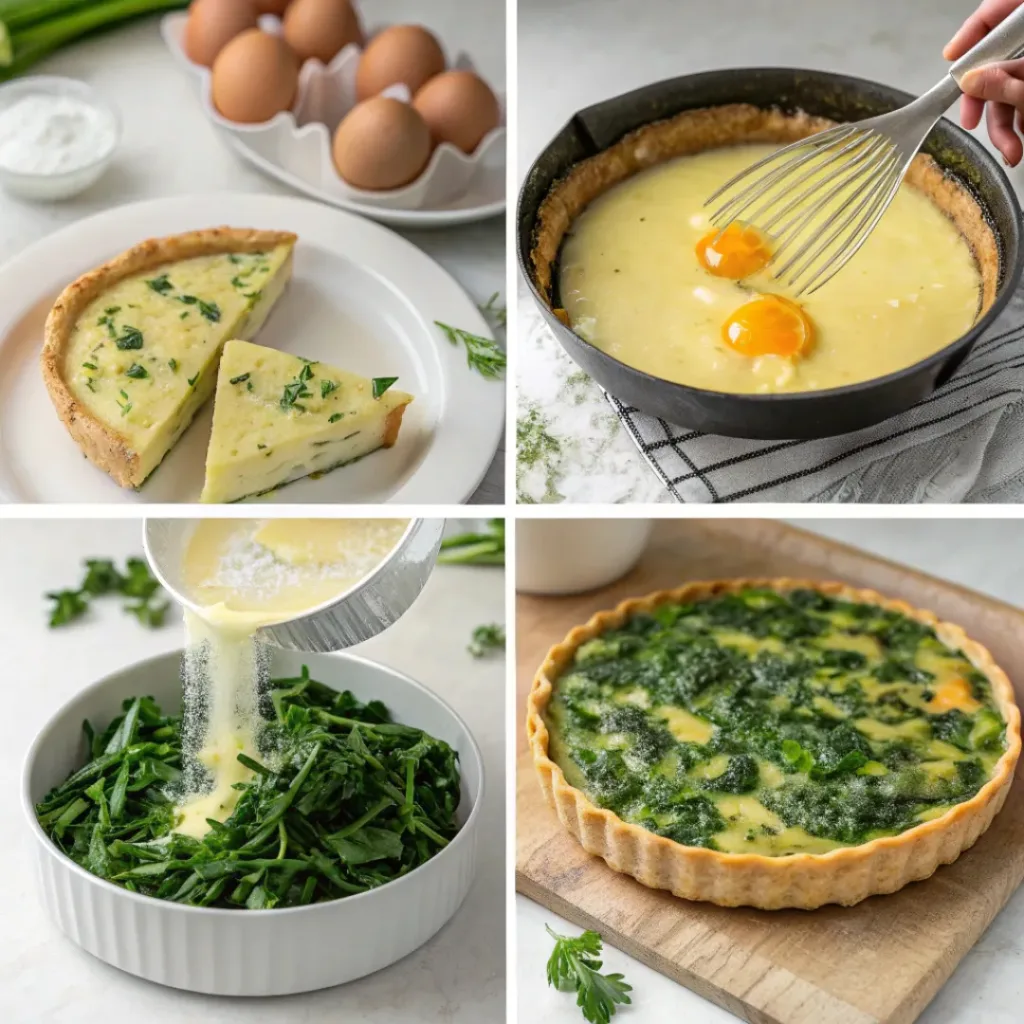 Four-panel collage showing sautéing greens, whisking eggs, filling crust, and baked quiche