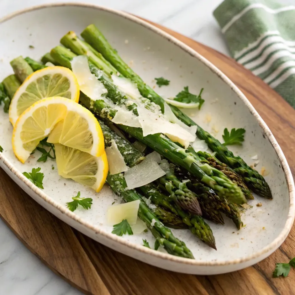 Air Fryer Asparagus – Crispy & Healthy Side 8 Crispy air fryer asparagus on a plate, garnished with lemon wedges and shaved Parmesan cheese.