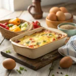Amish breakfast casserole with eggs, potatoes, and melted cheese in a baking dish.