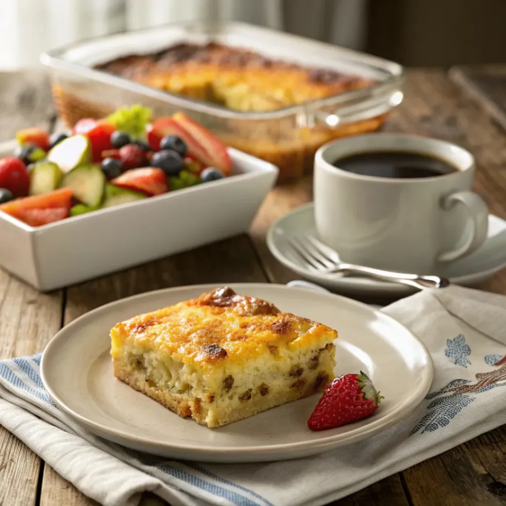 Serving of Amish breakfast casserole with fresh fruit and coffee on the side.