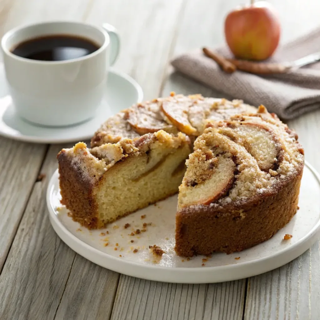 Slice of apple cinnamon coffee cake with swirled filling served with coffee