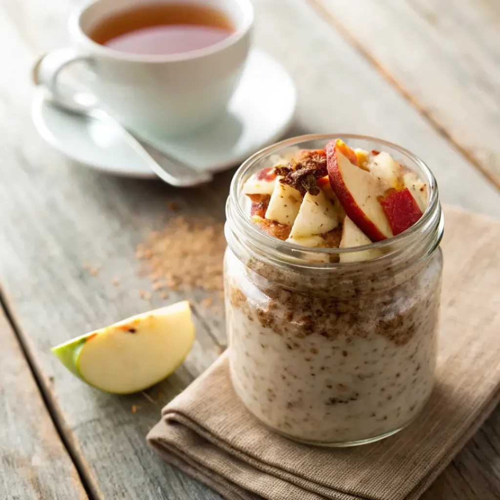 Jar of apple cinnamon overnight oats topped with apple slices, served with a cup of tea.