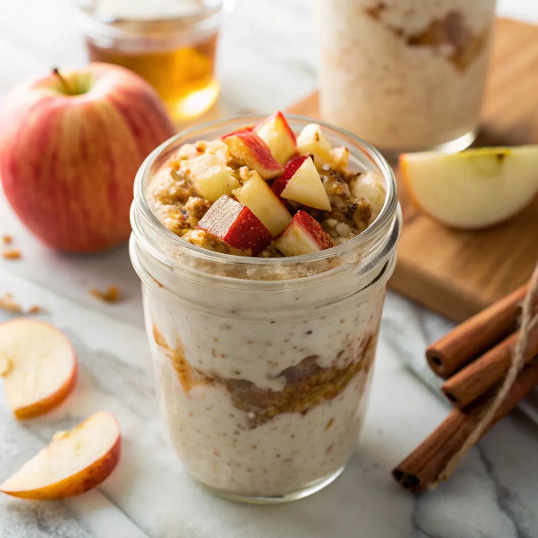 Glass jar of apple cinnamon overnight oats topped with fresh apple slices and cinnamon.