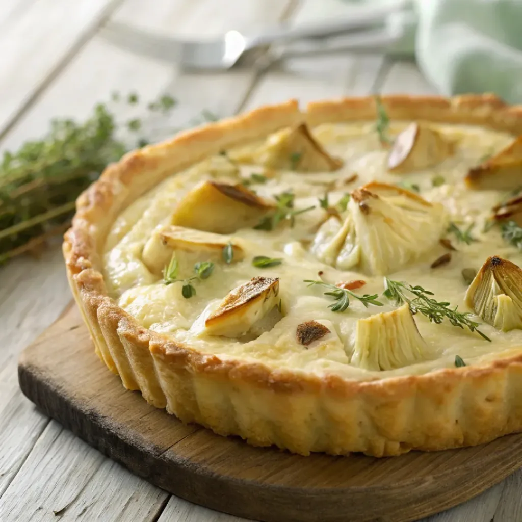 Golden-brown tart with creamy gouda filling and tender artichoke hearts.
