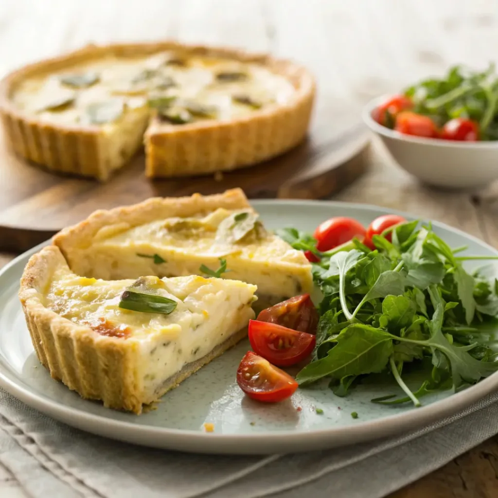 Slice of artichoke gouda tart served with fresh arugula and cherry tomato salad.