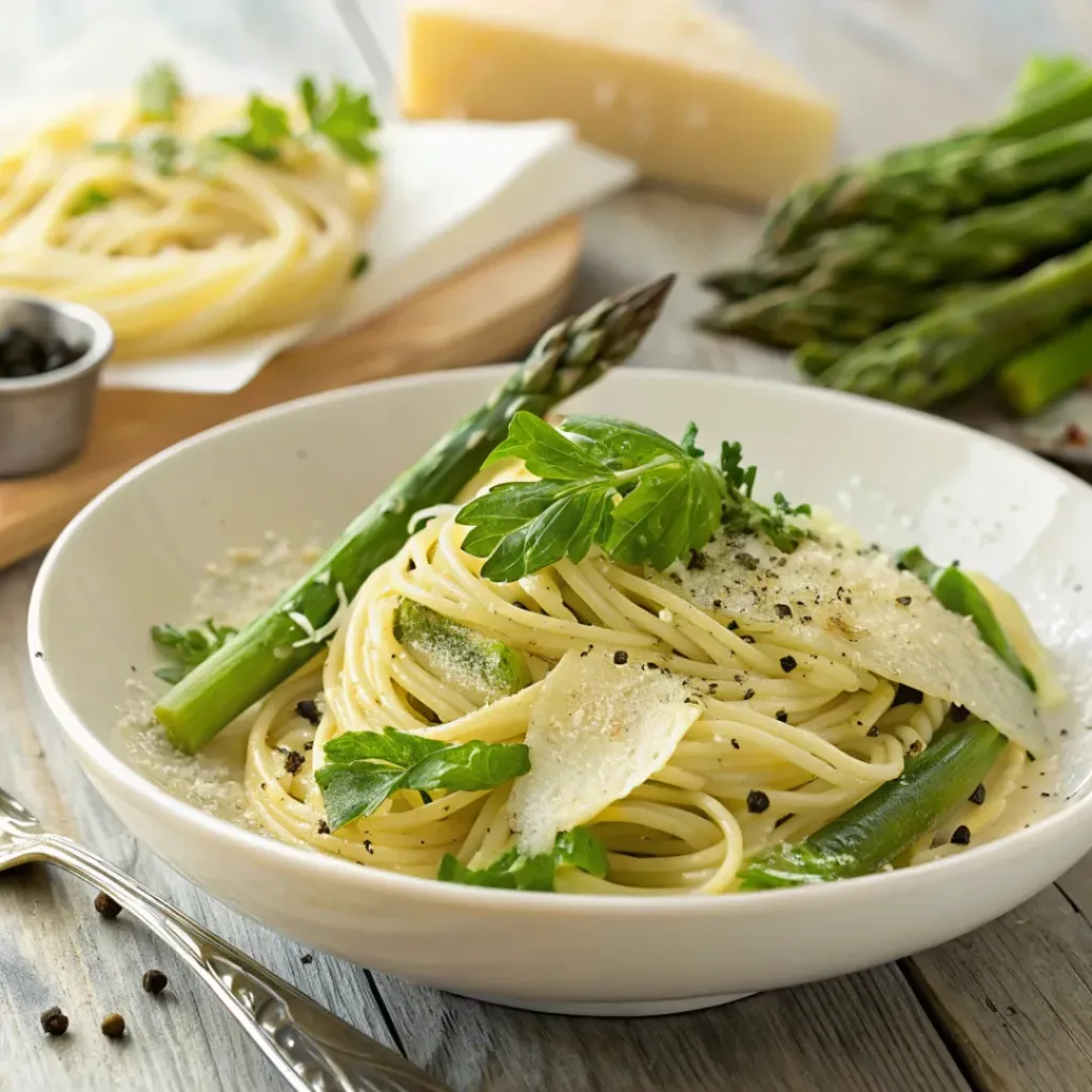 Asparagus Carbonara – Creamy & Easy Pasta 8 Creamy asparagus carbonara on plate garnished with shaved Parmesan, black pepper, and fresh herbs.