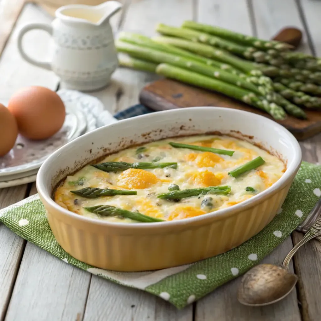 Home 8 Asparagus egg casserole with golden top baked in a casserole dish.