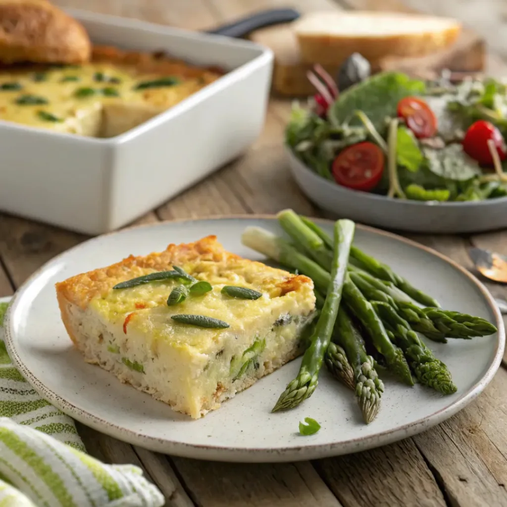Asparagus Egg Casserole – Easy Savory Breakfast Bake 8 Slice of asparagus egg casserole served with fresh salad and toast.