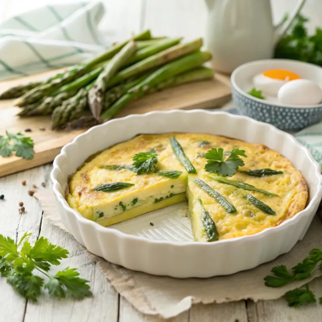 Golden asparagus frittata garnished with fresh herbs, served on a white plate.
