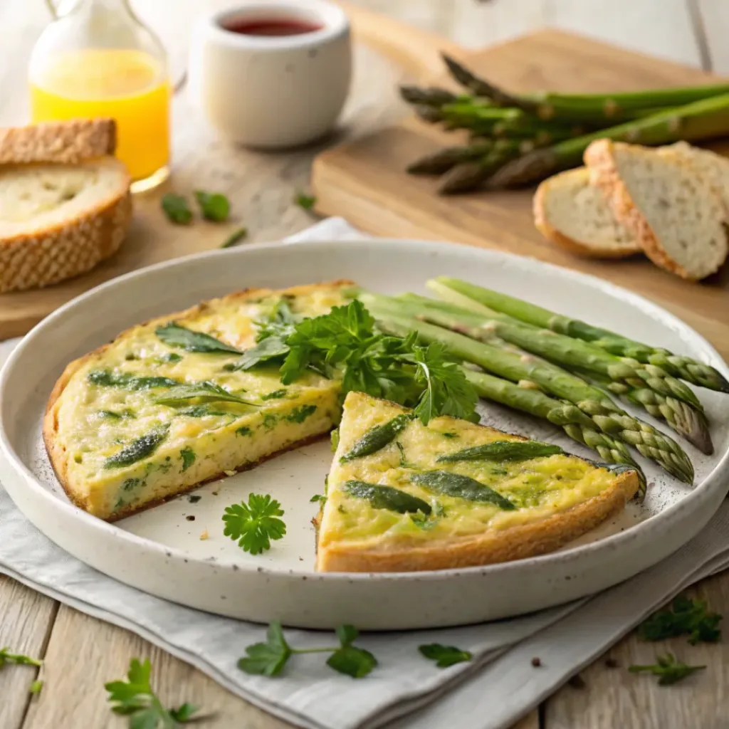 Sliced asparagus frittata on a plate with fresh herbs and a side of toast.