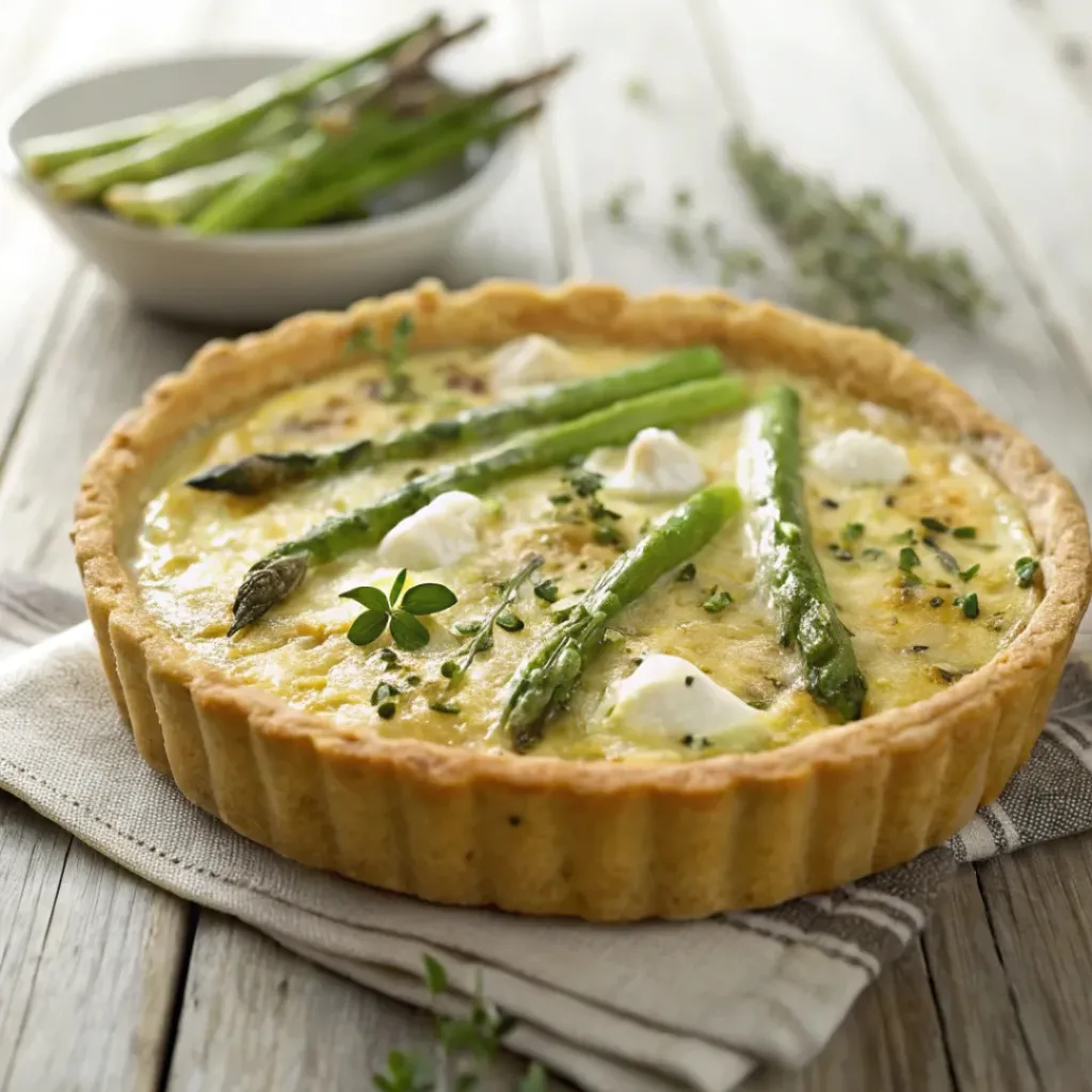 Golden-brown asparagus and goat cheese quiche in a pie crust with herbs.