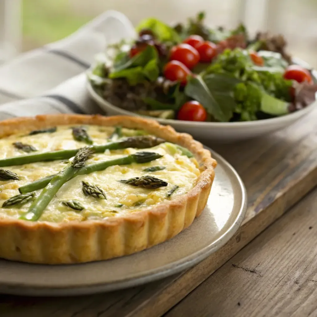 Slice of asparagus and goat cheese quiche served with a fresh mixed greens salad.