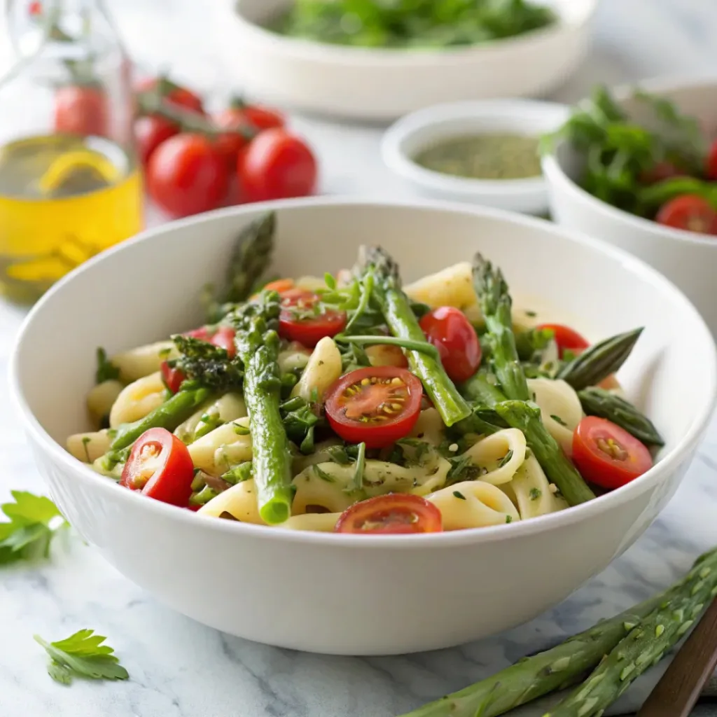 Colorful asparagus pasta salad with cherry tomatoes, herbs, and vinaigrette in a bowl.