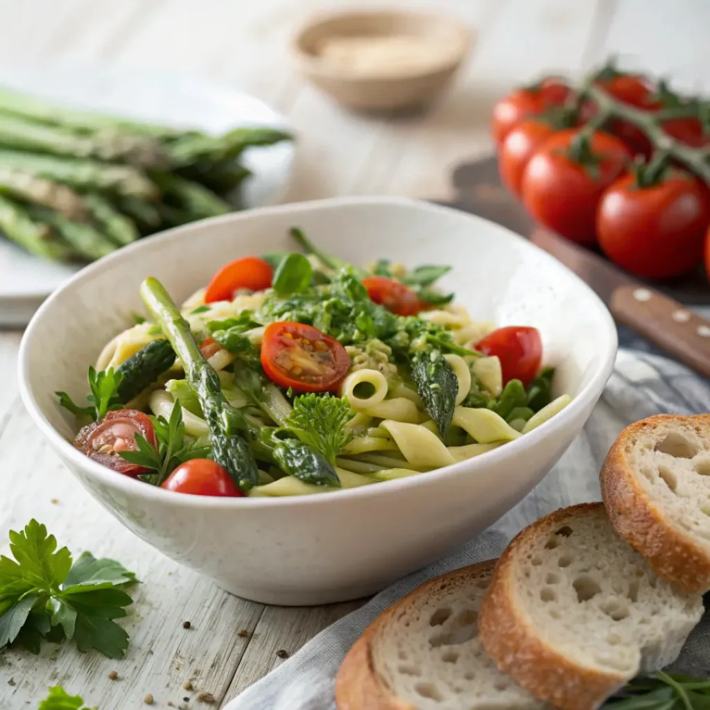 Asparagus pasta salad in a bowl garnished with fresh herbs, paired with bread on the side.