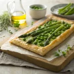Golden puff pastry tart topped with asparagus and peas