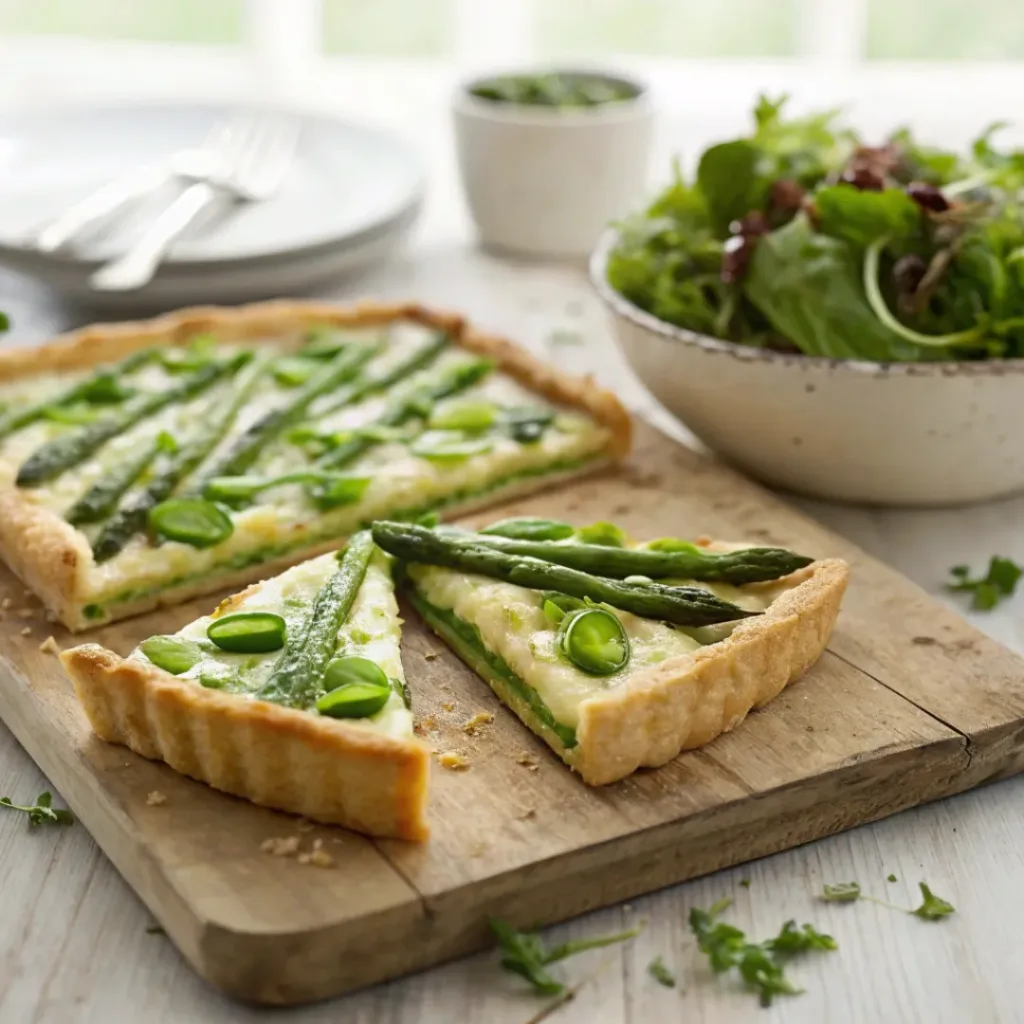 Asparagus Pea Tart – Fresh Spring Vegetable Delight 8 Sliced asparagus and pea tart served with fresh salad
