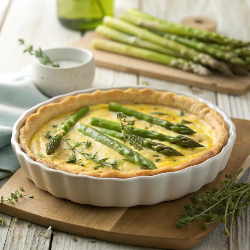 Home 9 Golden asparagus quiche with creamy egg filling in ceramic dish