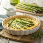 Golden asparagus quiche with creamy egg filling in ceramic dish