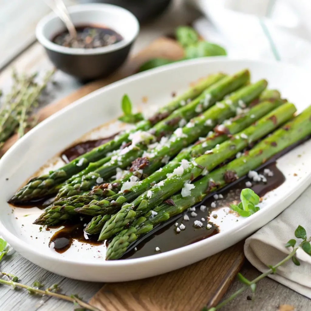 Balsamic glazed asparagus on a plate garnished with herbs, paired with roasted chicken.