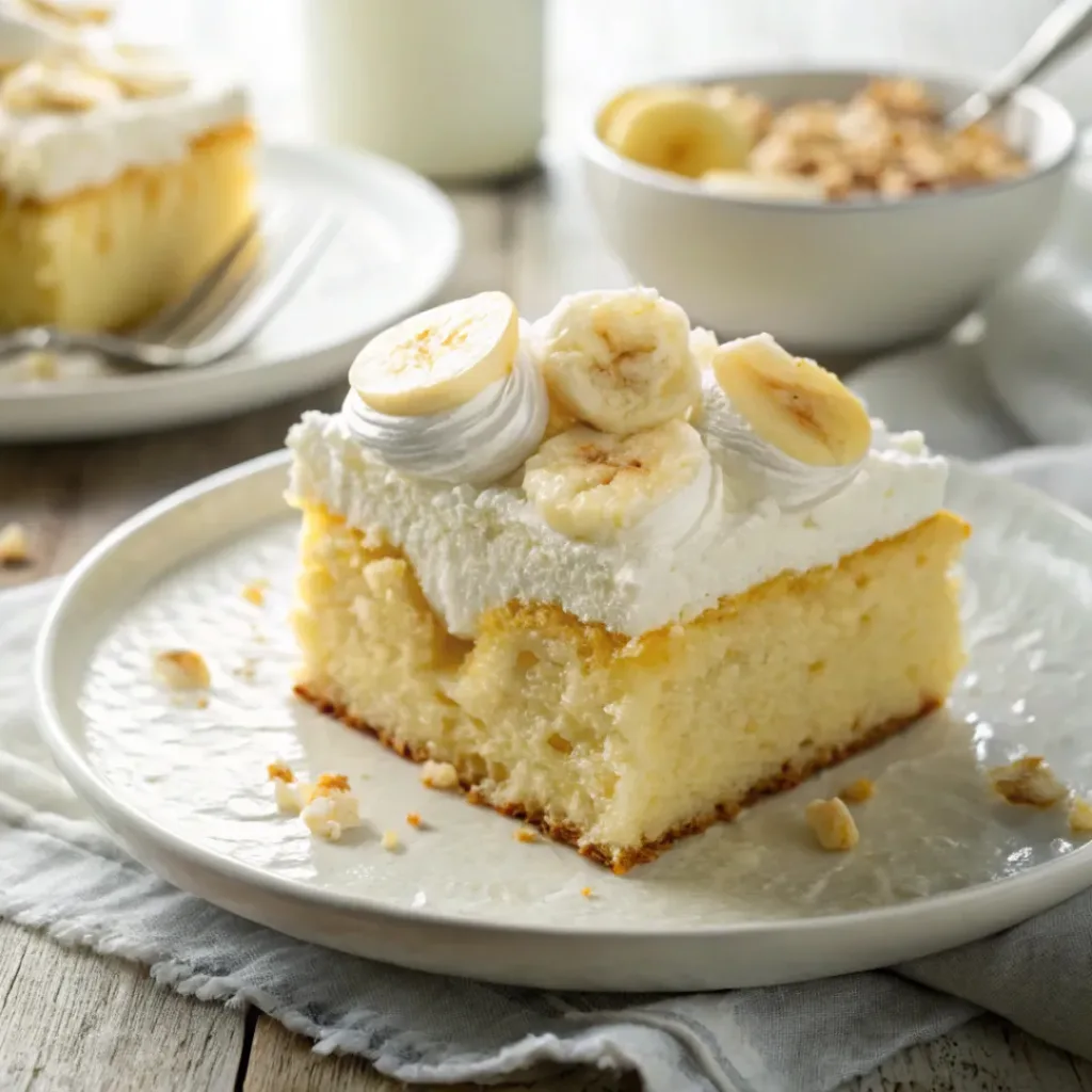 Slice of banana pudding poke cake on a plate with whipped cream.
