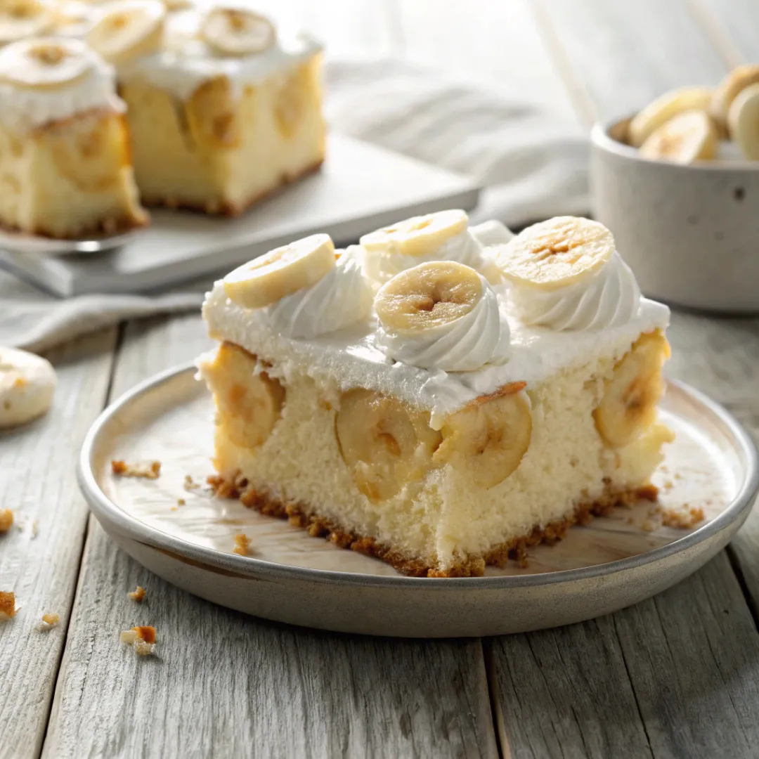 Banana pudding poke cake with creamy custard and whipped topping.