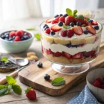 Layered berry trifle with sponge cake, whipped cream, and fresh berries in a glass bowl.