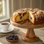 Blueberry coffee cake with brown butter streusel and vanilla glaze
