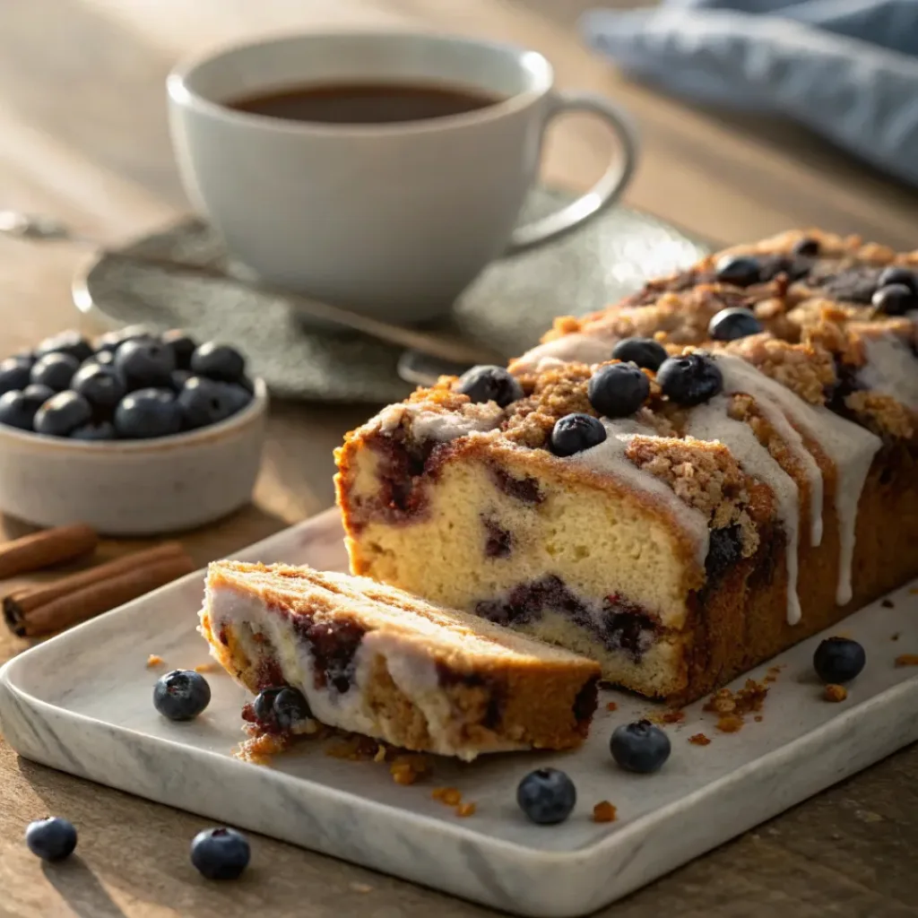 Slice of blueberry coffee cake with streusel topping and vanilla glaze