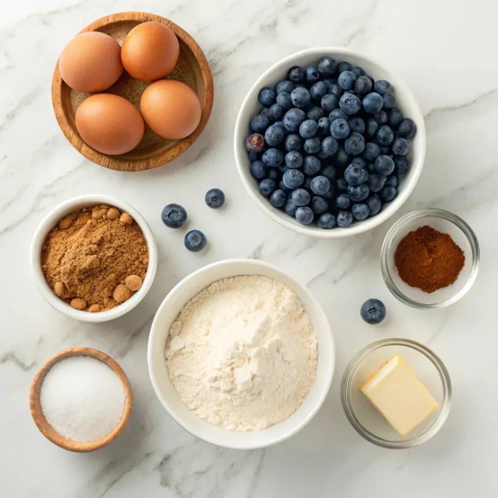 Flat lay of blueberries, brown butter, flour, sugar, and baking ingredients