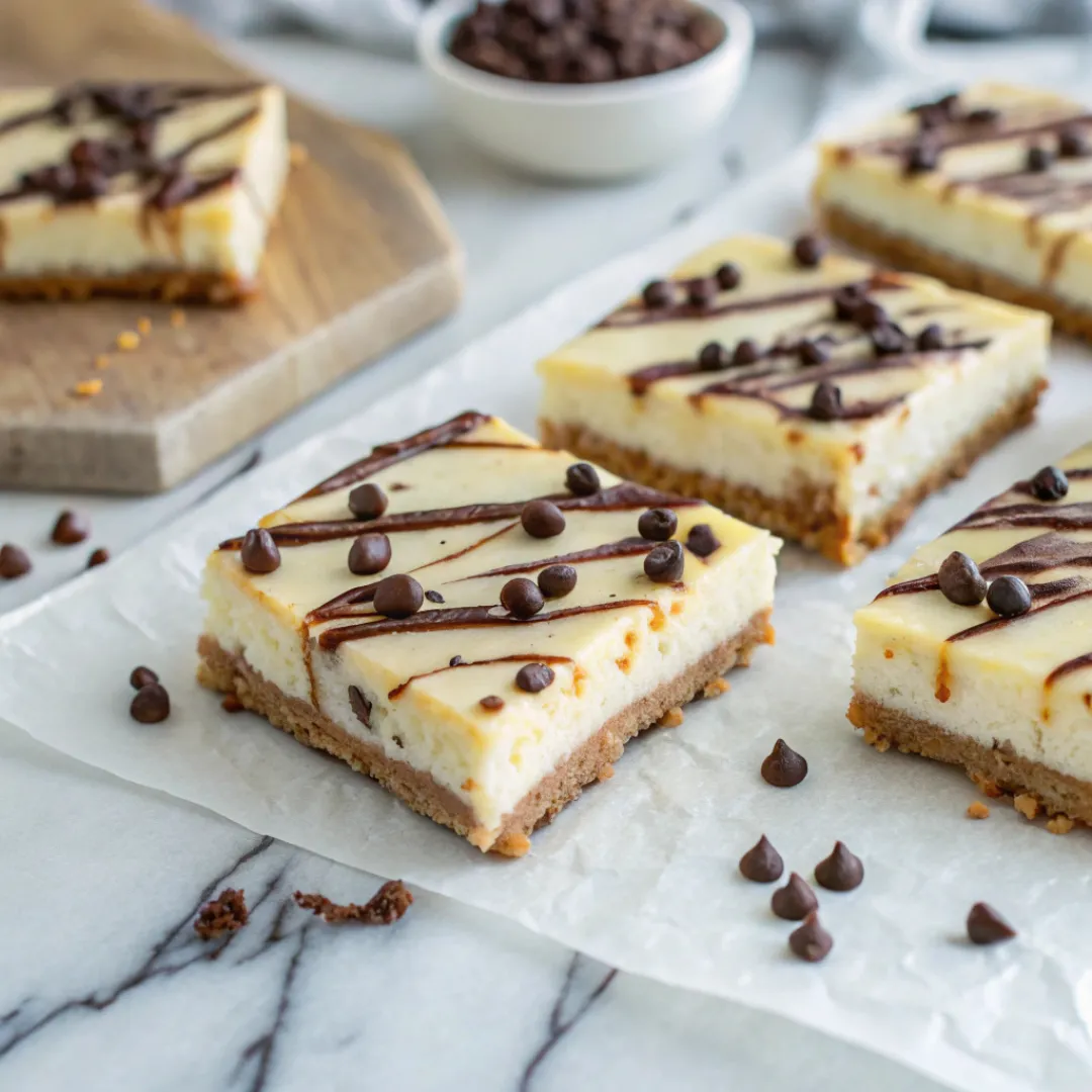 Cannoli cheesecake bars with creamy filling and chocolate drizzle.