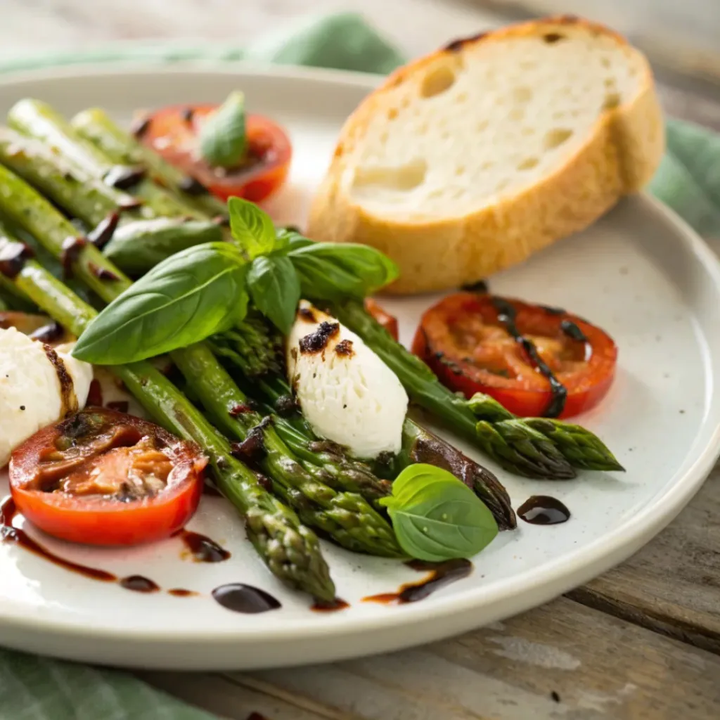 Caprese roasted asparagus garnished with basil and balsamic glaze, served with crusty bread.