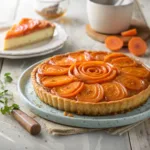 Golden caramelized carrot tart with glazed carrots arranged on a flaky crust.
