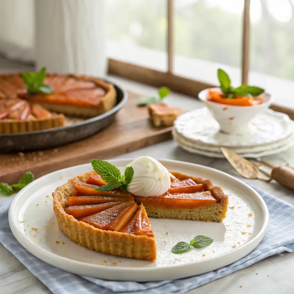 Caramelized carrot tart sliced on a plate with a dollop of whipped cream.