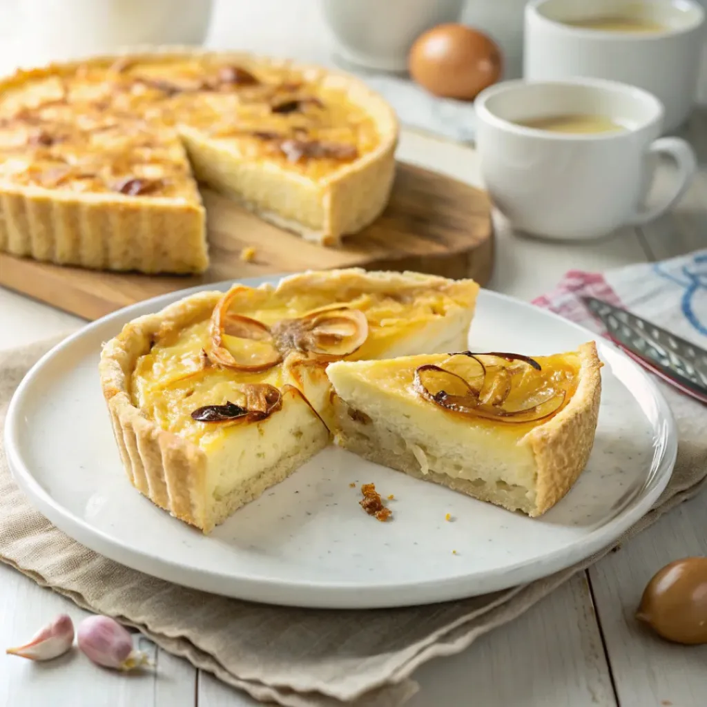 Golden caramelized onion quiche with a flaky crust and creamy filling.