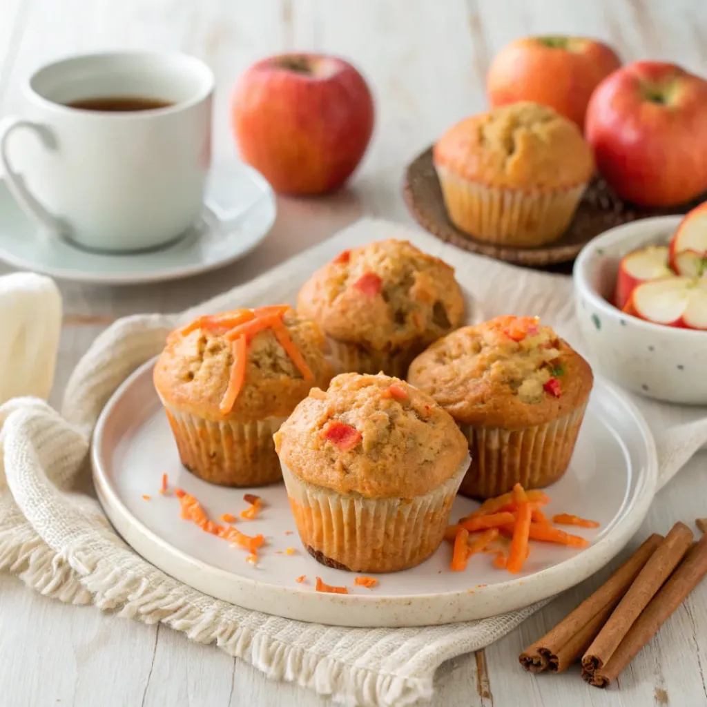 Golden carrot apple muffins with visible grated carrot and apple pieces, on a plate.
