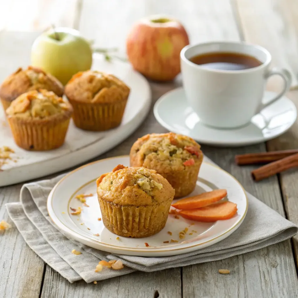 Carrot apple muffins on a plate with a cup of tea on the side.