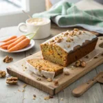 Golden carrot cake loaf with cream cheese glaze and a moist interior.