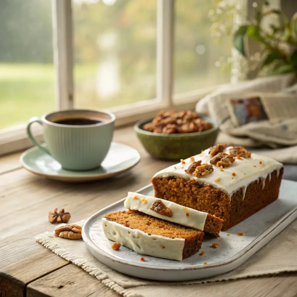 Slices of carrot cake loaf with cream cheese glaze served with coffee.