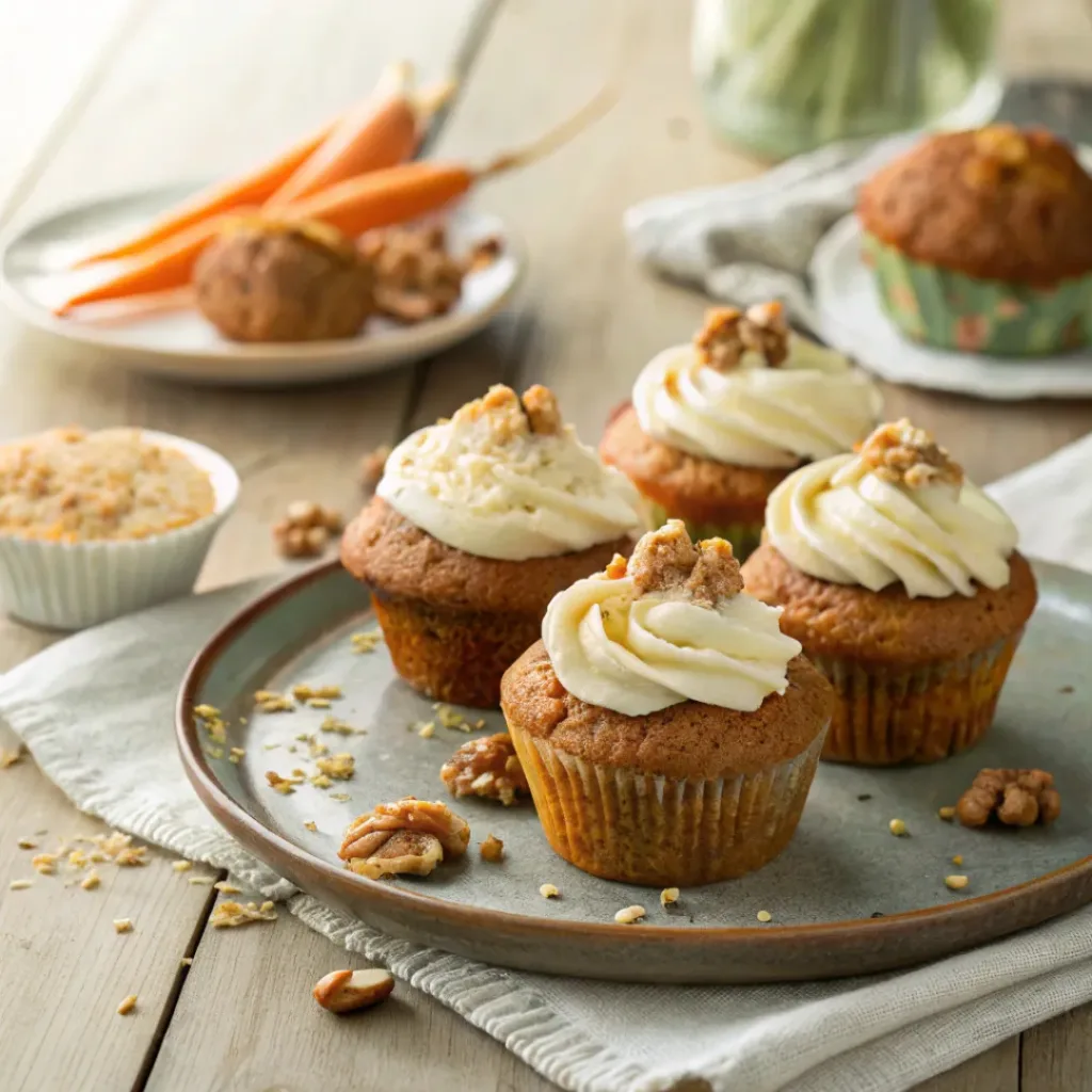 Golden carrot cake muffins with cream cheese frosting and chopped walnuts.