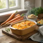 Baked carrot casserole with creamy texture and golden breadcrumb topping.