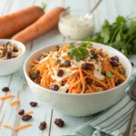 Creamy carrot raisin salad with shredded carrots and raisins in a white bowl.