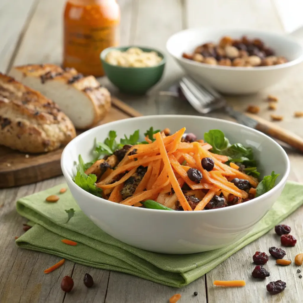 Carrot raisin salad served with grilled chicken and fresh greens.