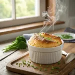 Golden-brown carrot soufflé in a ceramic dish garnished with parsley.