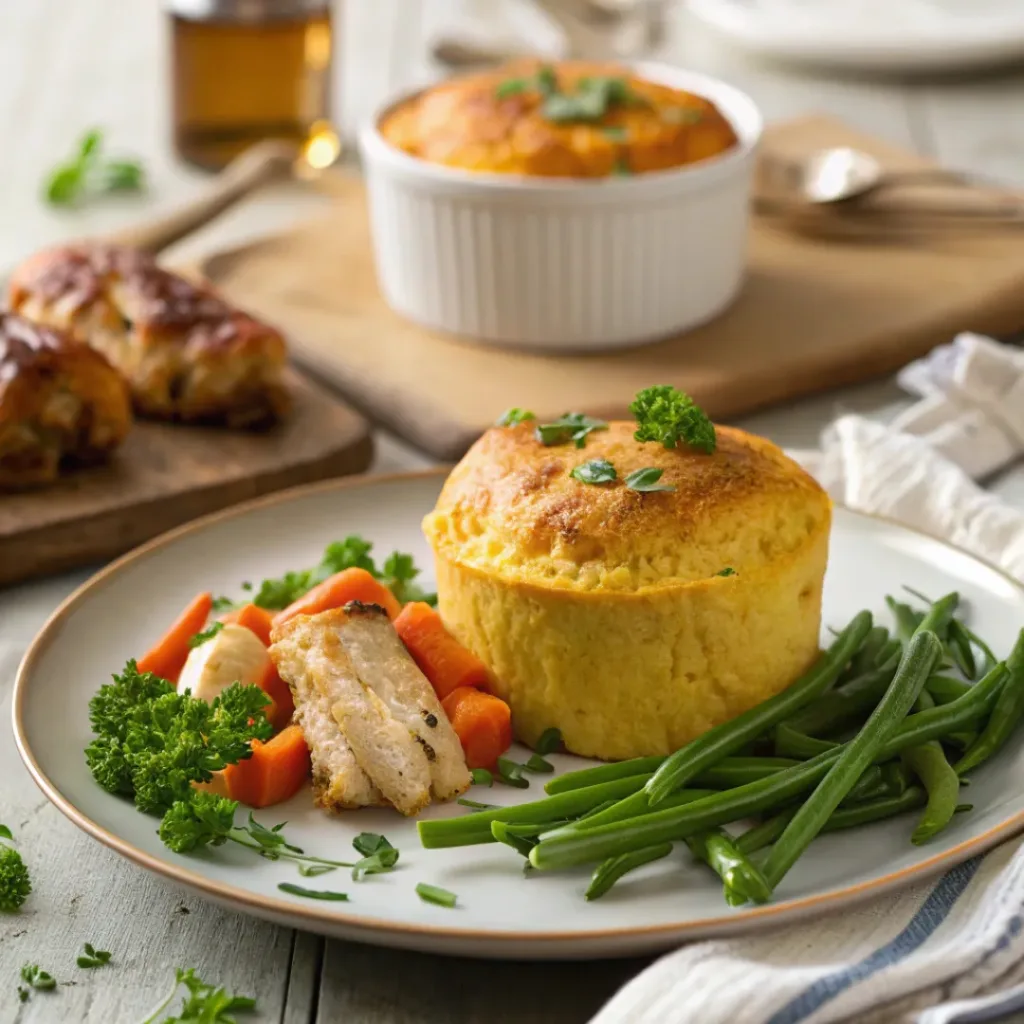 Serving of carrot soufflé paired with roasted chicken and green beans.